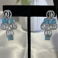 Aqua Blue CZ Necklace Earrings Tikka Set Silver Tone Pakistani Jewelry