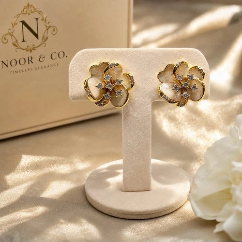 Ivory Bloom Gold Floral Stud Earrings