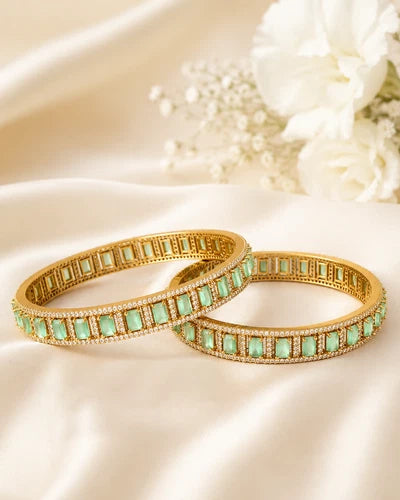 Mint Green CZ Gold Tone Bangle Bracelet Set of 2 Indian Pakistani Jewelry 2.10