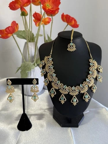 Mint Green CZ Necklace & Earrings Set Silver Tone Pakistani Jewelry