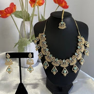 Mint Green CZ Necklace & Earrings Set Silver Tone Pakistani Jewelry