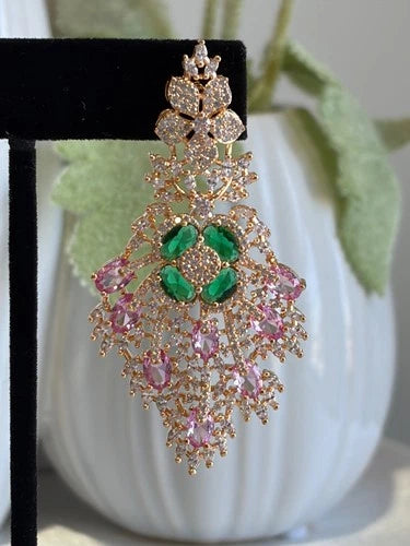 Green Pink CZ Gold Tone Chandelier Earrings Pakistani Indian Bridal Jewelry