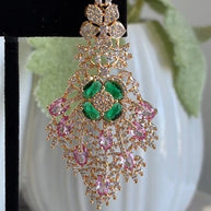 Green Pink CZ Gold Tone Chandelier Earrings Pakistani Indian Bridal Jewelry