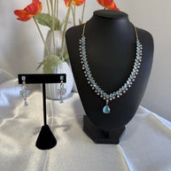 Aqua Blue Crystal Necklace & Earrings Set Rose Gold Tone Jewelry