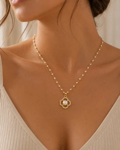 Gold Tone Flower Pendant Necklace Pearl Look Center Sparkling Fashion Jewelry
