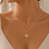 Gold Tone Flower Pendant Necklace Pearl Look Center Sparkling Fashion Jewelry