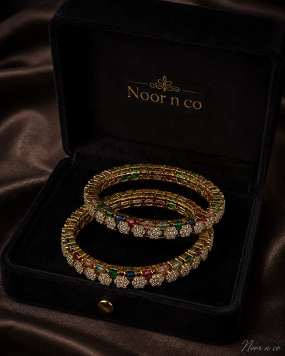 Multicolor CZ Flower Gold Tone Bangle Set Size 2.10 Indian Pakistani Jewelry