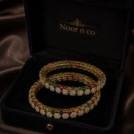 Multicolor CZ Flower Gold Tone Bangle Set Size 2.10 Indian Pakistani Jewelry