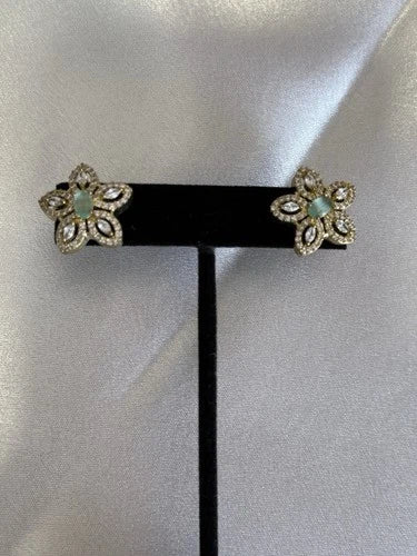 Mint Green CZ Flower Stud Earrings Gold Tone Party Jewelry