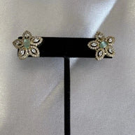 Mint Green CZ Flower Stud Earrings Gold Tone Party Jewelry