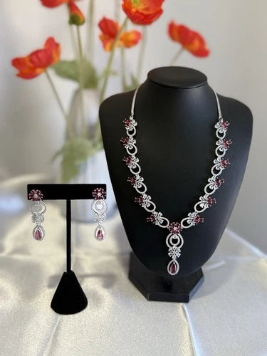 Pink Crystal CZ Necklace & Earrings Set Silver Tone Wedding Jewelry