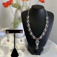 Pink Crystal CZ Necklace & Earrings Set Silver Tone Wedding Jewelry