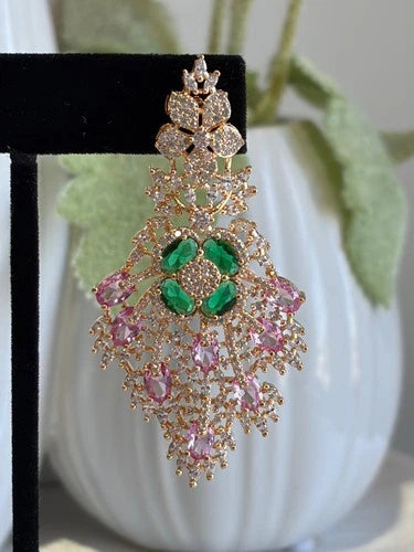 Green Pink CZ Gold Tone Chandelier Earrings Pakistani Indian Bridal Jewelry