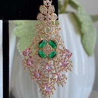 Green Pink CZ Gold Tone Chandelier Earrings Pakistani Indian Bridal Jewelry