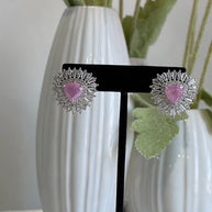 Pink & Green Stone Halo Stud Earrings Silver Tone CZ Statement Jewelry