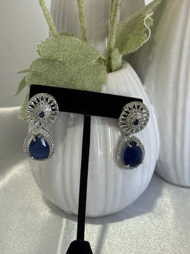 Sapphire Blue CZ Teardrop Earrings Silver Tone Party Jewelry