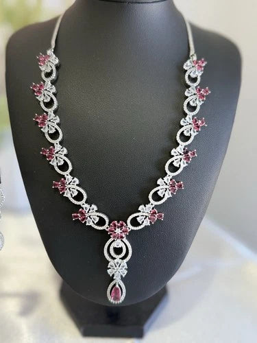 Pink Crystal CZ Necklace & Earrings Set Silver Tone Wedding Jewelry