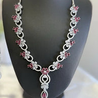 Pink Crystal CZ Necklace & Earrings Set Silver Tone Wedding Jewelry