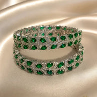 Emerald Green Silver Tone CZ Bangle Set Indian Pakistani Bridal Jewelry