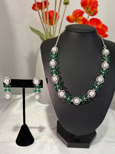 Emerald Green Pearl CZ Silver Tone Necklace Earrings Set