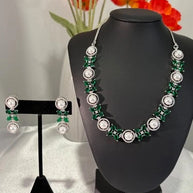 Emerald Green Pearl CZ Silver Tone Necklace Earrings Set