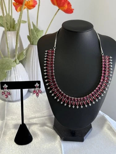 Ruby Pink CZ Necklace & Earrings Set Silver Tone Pakistani Jewelry