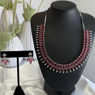 Ruby Pink CZ Necklace & Earrings Set Silver Tone Pakistani Jewelry