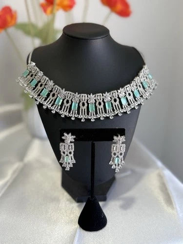 Mint Green CZ Choker Necklace Earrings Set Silver Tone Pakistani Jewelry