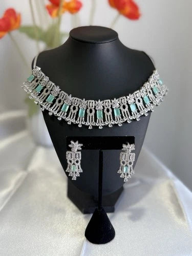 Mint Green CZ Choker Necklace Earrings Set Silver Tone Pakistani Jewelry