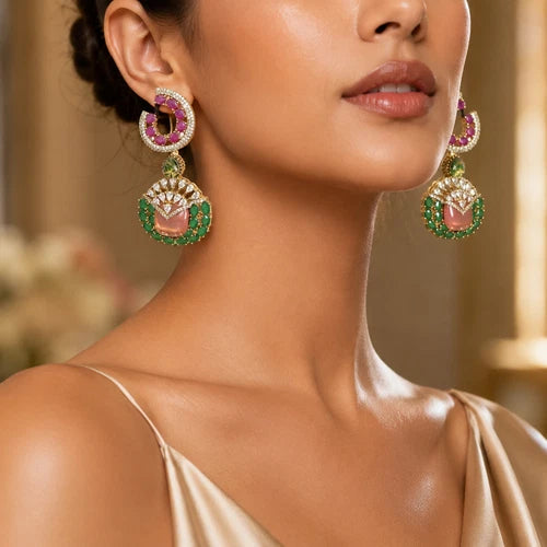 Luxury Pink & Green Statement Earrings | Pakistani Jewelry | Bridal Earrings