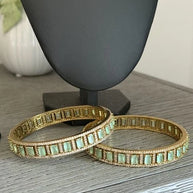 Mint Green CZ Gold Tone Bangle Bracelet Set of 2 Indian Pakistani Jewelry 2.10