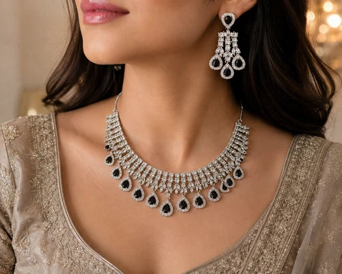 Midnight Teardrop American Diamond Necklace Set