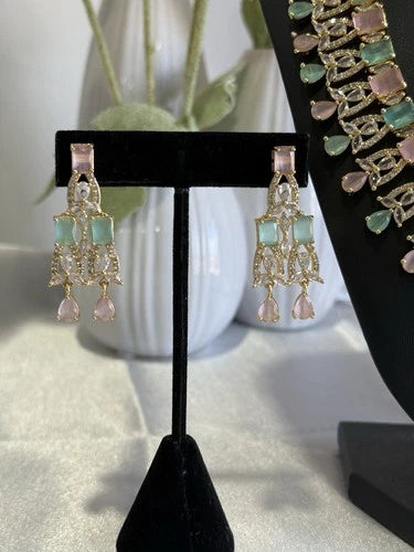 Pastel Pink Mint CZ Necklace Earrings Tikka Set Gold Tone Jewelry