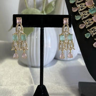 Pastel Pink Mint CZ Necklace Earrings Tikka Set Gold Tone Jewelry