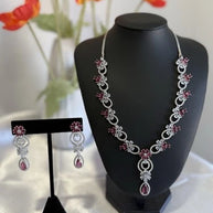 Pink Crystal CZ Necklace & Earrings Set Silver Tone Wedding Jewelry