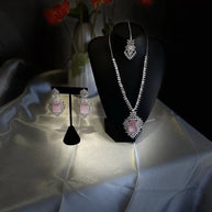 Pink CZ Necklace Earrings Tikka Set Silver Tone Pakistani Indian Jewelry