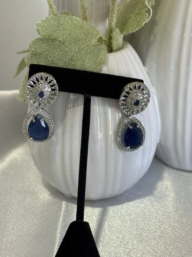 Sapphire Blue CZ Teardrop Earrings Silver Tone Party Jewelry