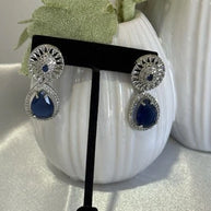 Sapphire Blue CZ Teardrop Earrings Silver Tone Party Jewelry
