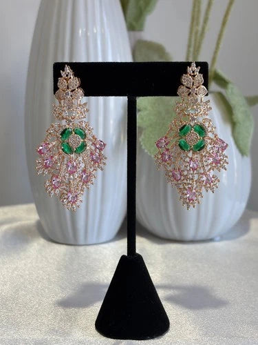 Green Pink CZ Gold Tone Chandelier Earrings Pakistani Indian Bridal Jewelry