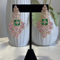 Green Pink CZ Gold Tone Chandelier Earrings Pakistani Indian Bridal Jewelry