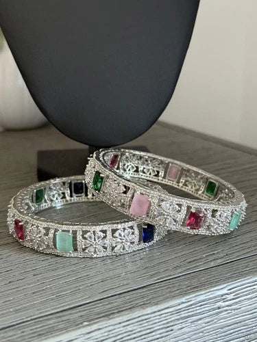 Multicolor CZ Silver Tone Bangle Bracelet Set of 2 Indian Pakistani Jewelry 2.10