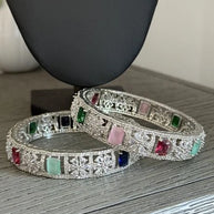 Multicolor CZ Silver Tone Bangle Bracelet Set of 2 Indian Pakistani Jewelry 2.10