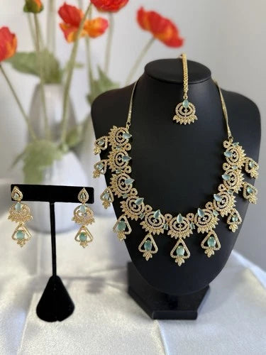 Mint Green CZ Necklace & Earrings Set Silver Tone Pakistani Jewelry