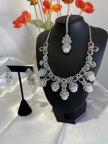 Multicolor CZ Pearl Necklace Earrings Tikka Set Silver Tone Jewelry