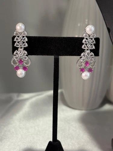 Pink Pearl CZ Silver Tone Necklace Earrings Set Indian Pakistani Bridal Jewelry
