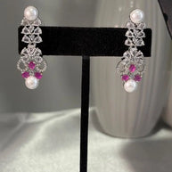 Pink Pearl CZ Silver Tone Necklace Earrings Set Indian Pakistani Bridal Jewelry