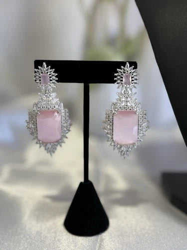 Pink CZ Necklace Earrings Tikka Set Silver Tone Pakistani Indian Jewelry