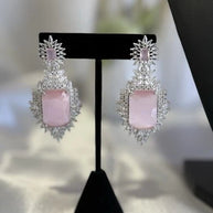 Pink CZ Necklace Earrings Tikka Set Silver Tone Pakistani Indian Jewelry