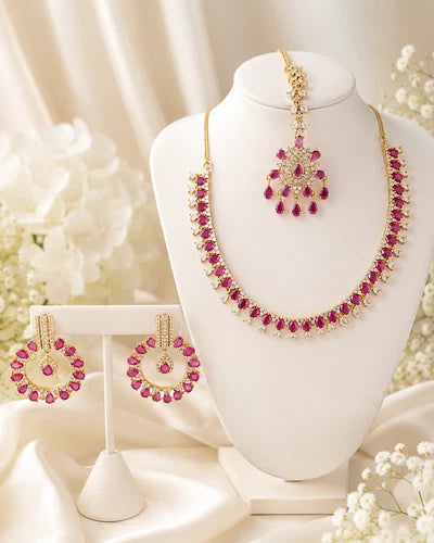 Pink CZ Gold Tone Necklace Earrings Tikka Set Indian Pakistani Bridal Jewelry