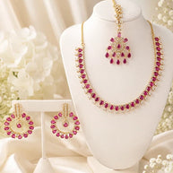 Pink CZ Gold Tone Necklace Earrings Tikka Set Indian Pakistani Bridal Jewelry